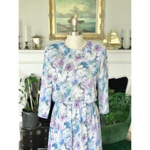 Vintage 80s Floral Spring Dress, Sue Sherry New York, Knit, Blue Purple, 10